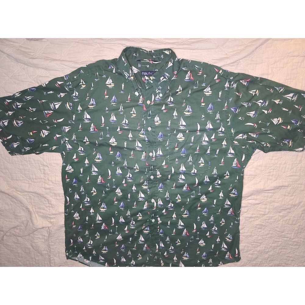 Nautica SAILBOAT Button Up Shirt Green All Over Print XL Nautical Boating‎